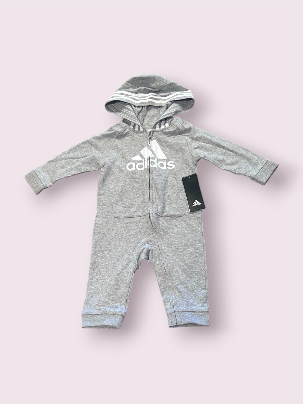NWT adidas Zip Front Grey Hooded Baby One-Piece Romper Size 9 Months